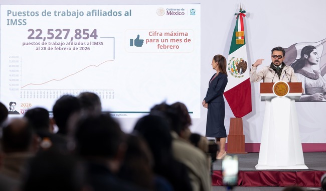 Presidenta Claudia Sheinbaum destaca registro de 22.5 millones de empleos afiliados al IMSS, la cifra más alta para un mes de febrero