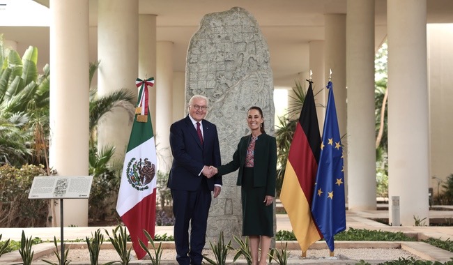Presidenta Claudia Sheinbaum recibe a su homólogo de la República Federal de Alemania, Frank-Walter Steinmeier, en el Museo Maya de Cancún