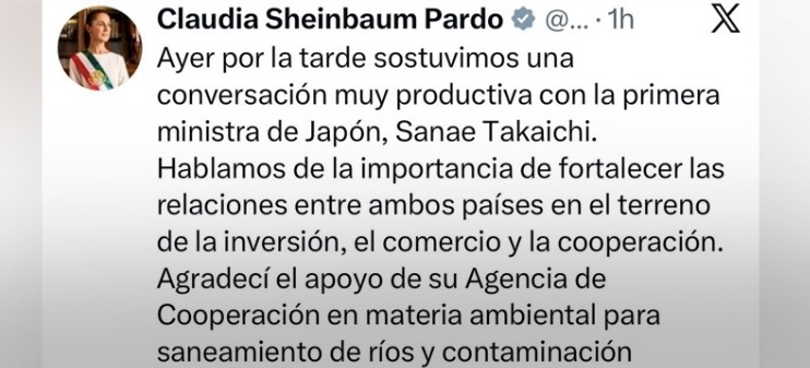 La Presidenta Claudia Sheinbaum sostiene llamada con la primera ministra de Japón: hablaron de comercio, inversión y medio ambiente