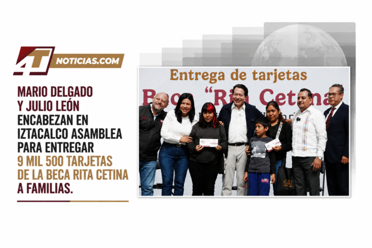 Mario Delgado y Julio León encabezan en Iztacalco asamblea para entregar 9 mil 500 tarjetas de la Beca Rita Cetina a familias.