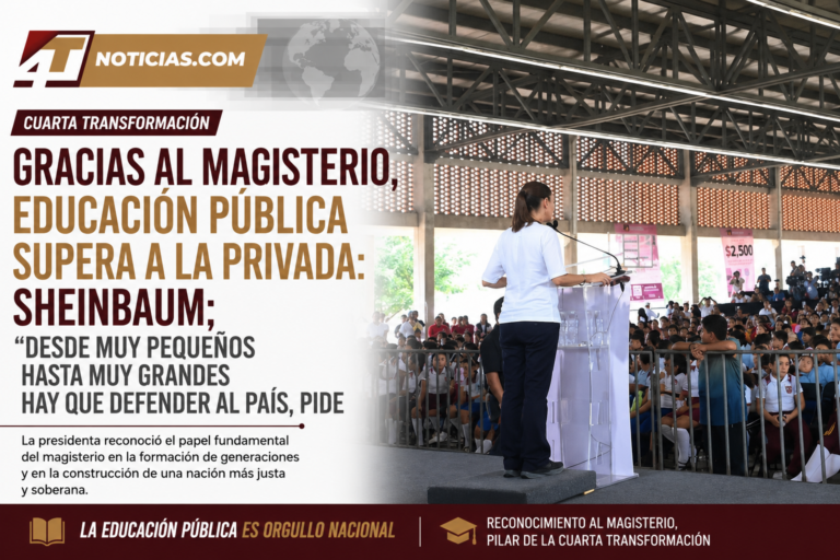 Gracias al magisterio, educación pública supera a la privada: Sheinbaum; “desde muy pequeños hasta muy grandes” hay que defender al país, pide