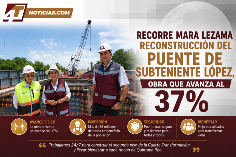 Recorre Mara Lezama reconstrucción del puente de Subteniente López, obra que avanza al 37%
