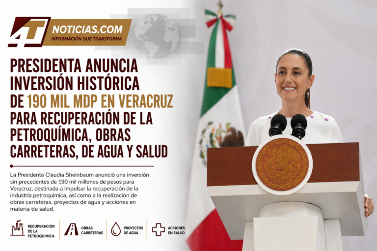 Presidenta anuncia inversión histórica de 190 mil mdp en Veracruz para recuperación de la petroquímica, obras carreteras, de agua y salud