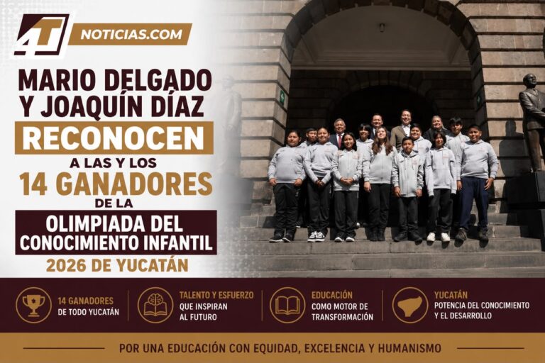 Mario Delgado y Joaquín Díaz reconocen a las y los 14 ganadores de la Olimpiada del Conocimiento Infantil 2026 de Yucatán