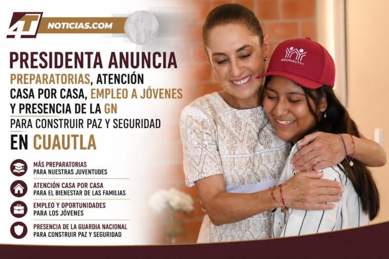 Presidenta anuncia preparatorias, atención casa por casa, empleo a jóvenes y presencia de la GN para construir paz y seguridad en Cuautla