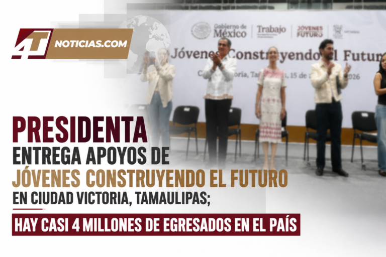 Presidenta entrega apoyos de Jóvenes Construyendo el Futuro en Ciudad Victoria, Tamaulipas; hay casi 4 millones de egresados en el país