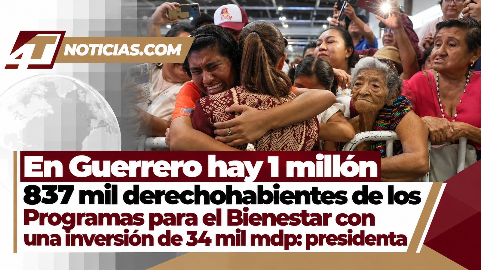 En Guerrero hay 1 millón 837 mil derechohabientes de los Programas para el Bienestar con una inversión de 34 mil mdp: presidenta