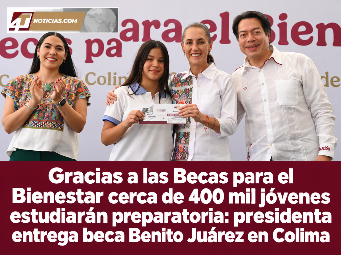 Gracias a las Becas para el Bienestar cerca de 400 mil jóvenes estudiarán preparatoria: presidenta entrega beca Benito Juárez en Colima